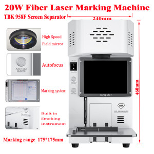 TBK 958F 20W Atuofocus Fiber Laser Marking Machine for Metal Mobile Back Glass Screen Remover Separator Built-in Fume Extractor